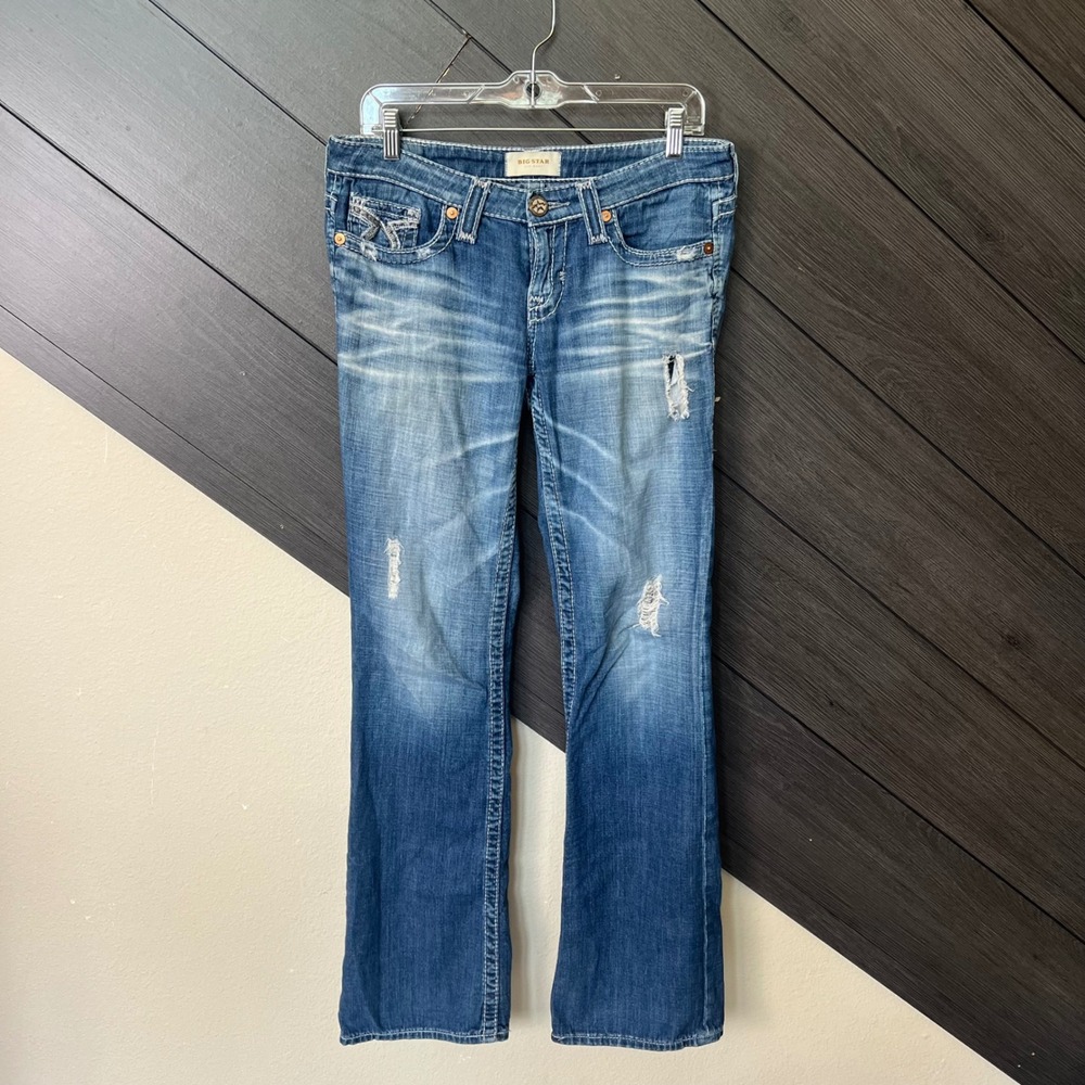 Big Star Liv Bootcut Distressed Low Rise Stretch Jeans Women's 27L Blue Y2K